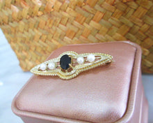 Load image into Gallery viewer, 9ct Yellow Gold Oval Cut Sapphire &amp; Cultured Pearl Pin Brooch
