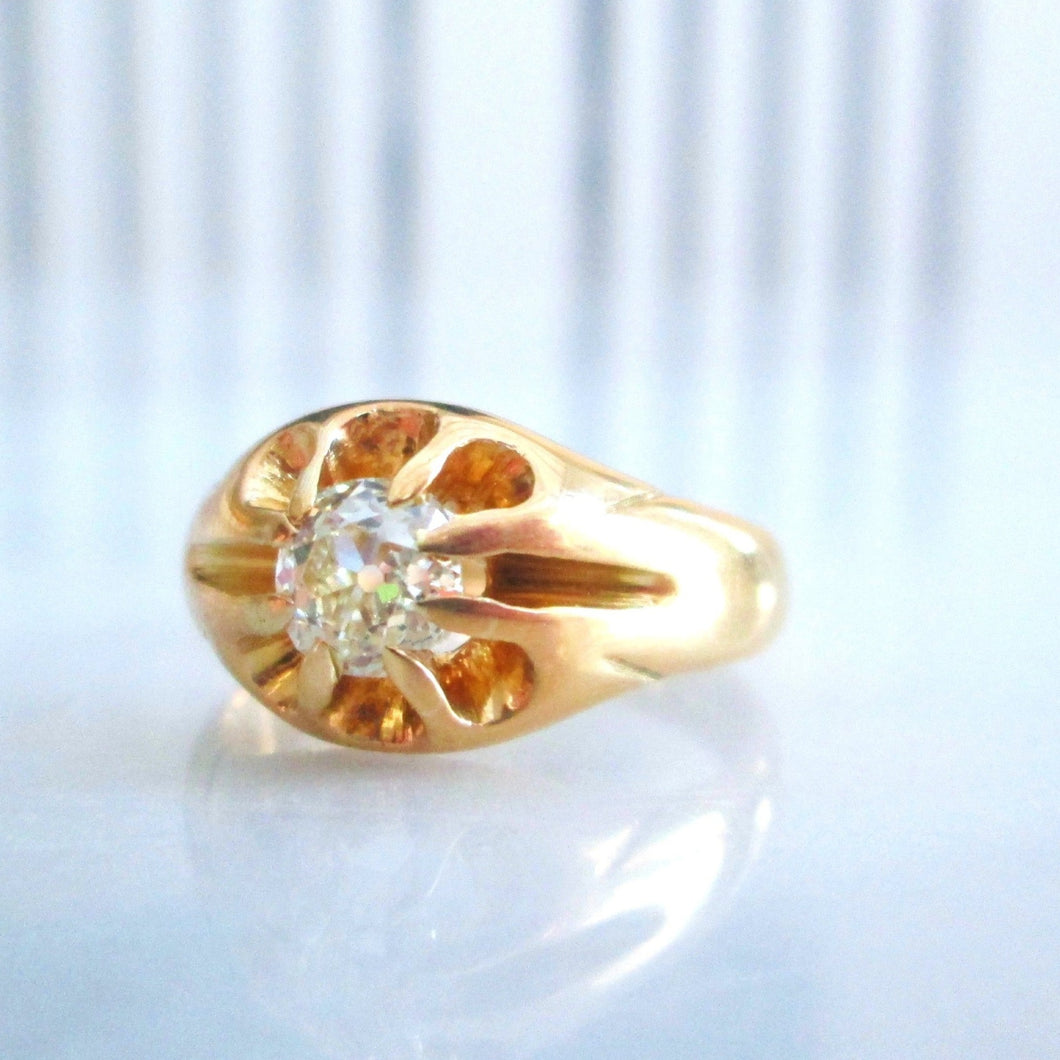 Edwardian 18ct Yellow Gold Old Mine Cut Diamond Solitaire Gypsy Signet Ring