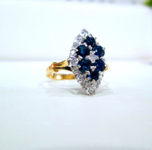 Load image into Gallery viewer, 1970s 18ct Yellow Gold Sapphire &amp; Diamond Cluster Navette Ring
