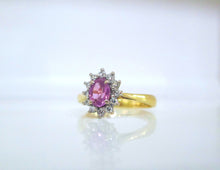 Load image into Gallery viewer, 18ct Yellow Gold Oval Cut Pink Sapphire &amp; Diamond Cluster Halo Ring
