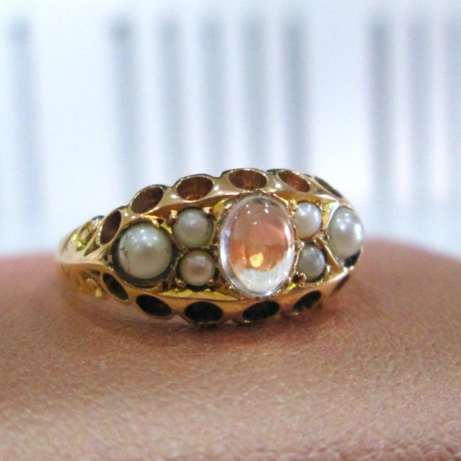 10ct Yellow Gold Moonstone & Seed Pearl Gypsy Ring
