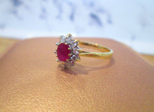 Load image into Gallery viewer, 18ct Yellow Gold Ruby &amp; Brilliant Cut Diamond Cluster Halo Ring
