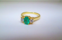 Load image into Gallery viewer, 18ct Yellow Gold Oval &amp; Brilliant Cut Emerald &amp; Diamond Trilogy Ring
