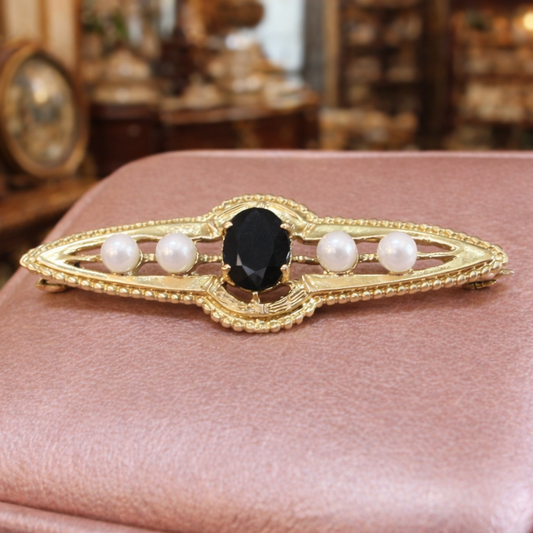 Edwardian-Style 9ct Yellow Gold Sapphire & Pearl Bar Pin Brooch