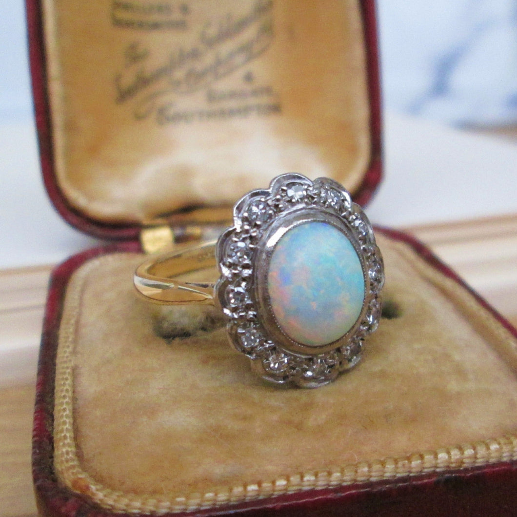 18ct Yellow Gold & Platinum Opal & Diamond Halo Cluster Ring