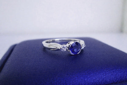 9ct White Gold 3 Stone Bezel Set Blue Sapphire & Diamond Trilogy Ring