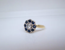 Load image into Gallery viewer, 1970s 18ct Yellow Gold Old Cut Diamond &amp; Sapphire Cluster Ring
