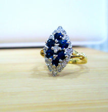 Load image into Gallery viewer, 1970s 18ct Yellow Gold Sapphire &amp; Diamond Cluster Navette Ring
