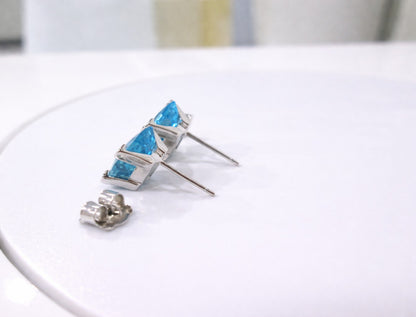 18ct White Gold Large Swiss Blue Topaz Stud Earrings Checkerboard Cushion Studs