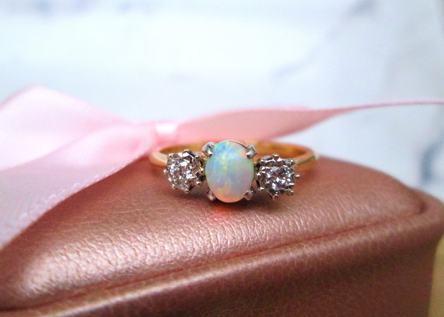 18ct Yellow Gold & Platinum Opal & Diamond Trilogy Ring