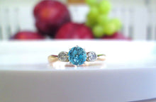 Load image into Gallery viewer, 9ct Yellow Gold &amp; Platinum Old Cut Blue Zircon &amp; Diamond Trilogy Ring
