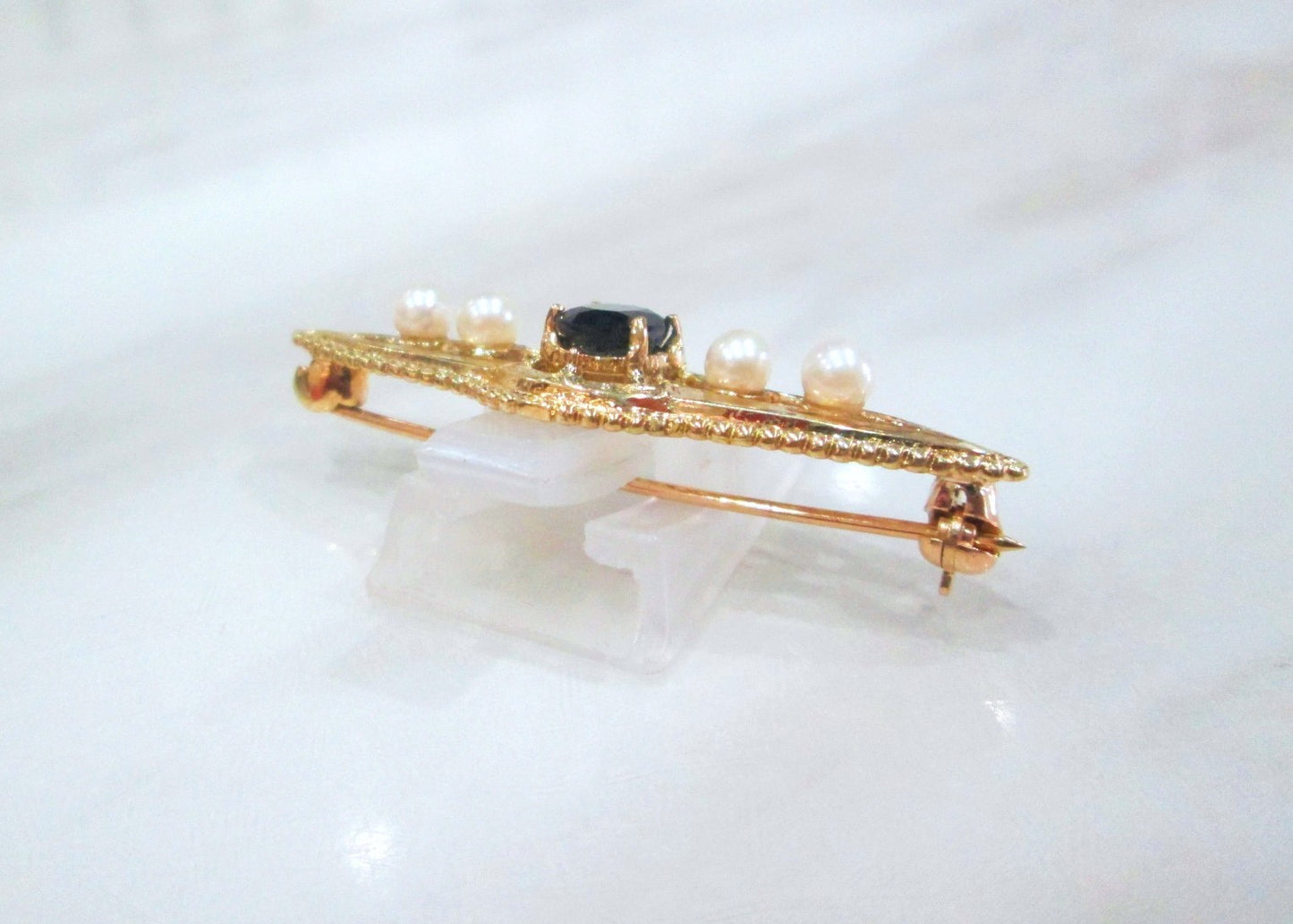 Edwardian-Style 9ct Yellow Gold Sapphire & Pearl Bar Pin Brooch