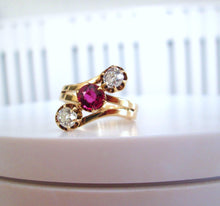 Load image into Gallery viewer, 14ct Yellow Gold Old Mine Cut Ruby &amp; Diamond Trilogy Ring
