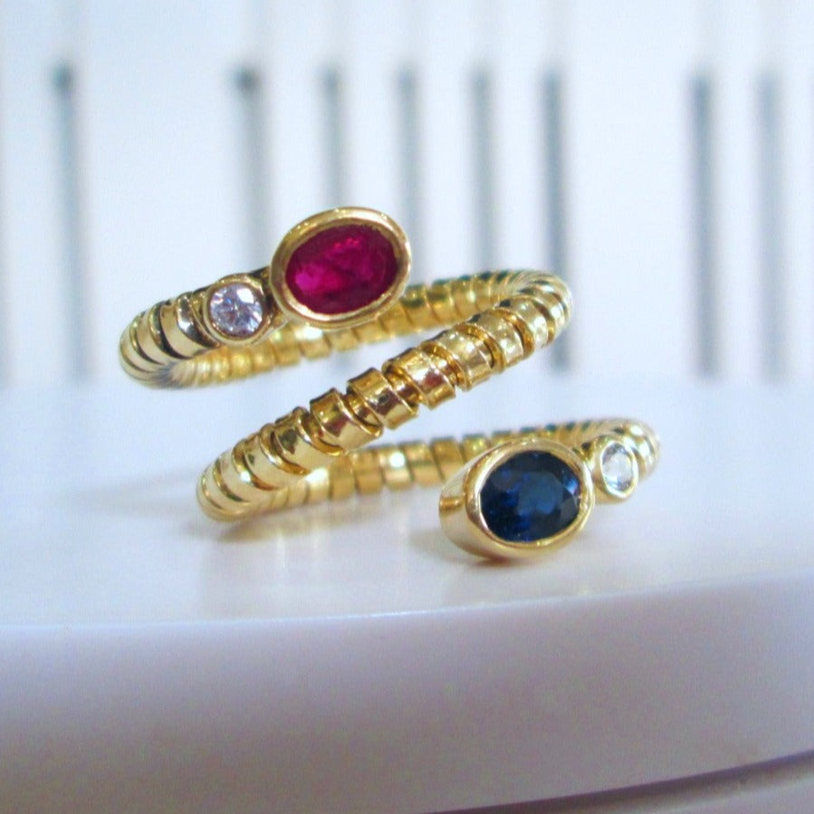 18ct Yellow Gold Ruby Sapphire & Diamond Spiral Snake Flexible Ring