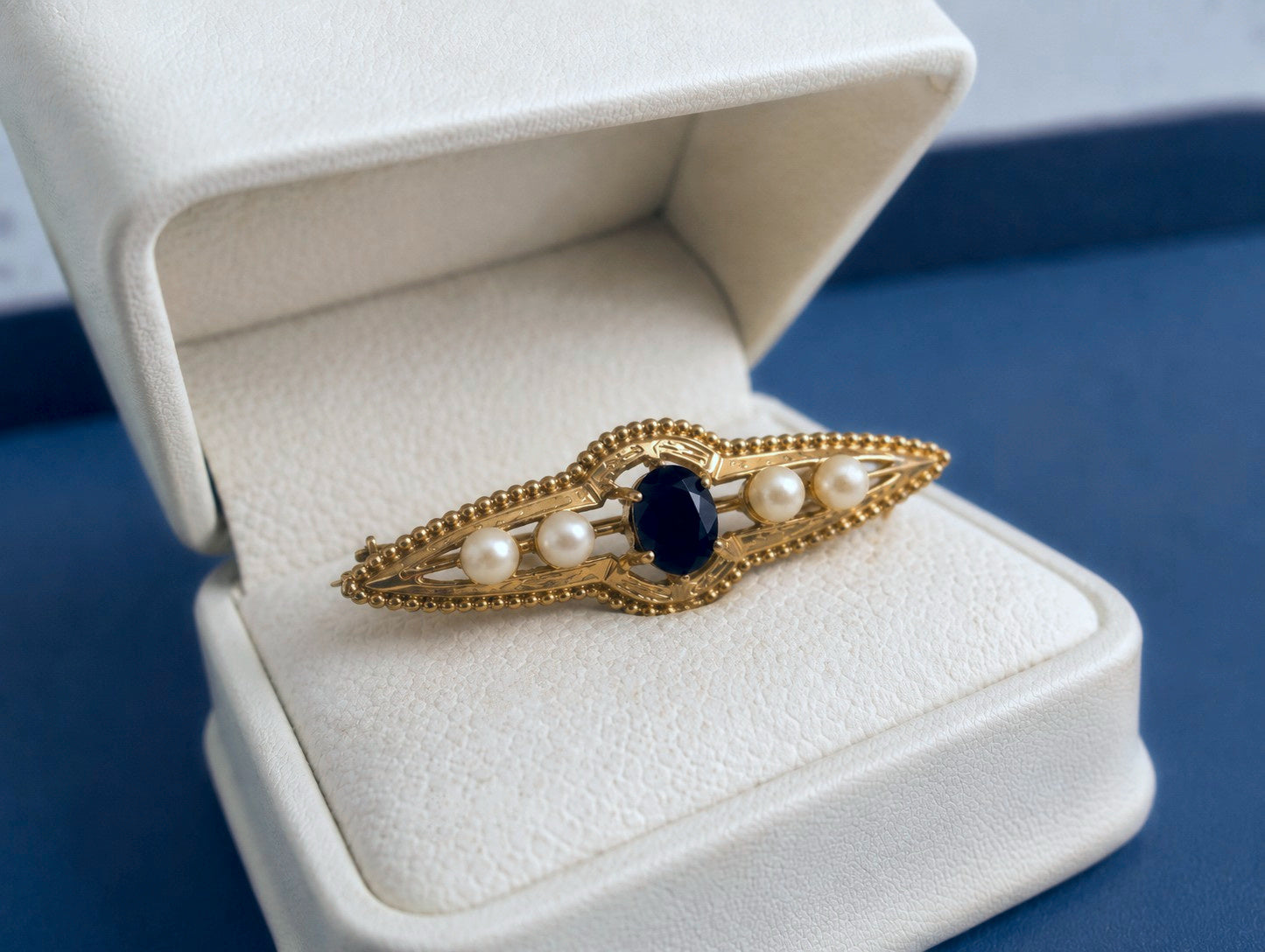 Edwardian-Style 9ct Yellow Gold Sapphire & Pearl Bar Pin Brooch