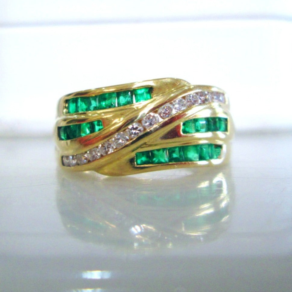1980s 18ct Yellow gold Emerald & Brilliant Cut Diamond Channel Set Chunky Ring