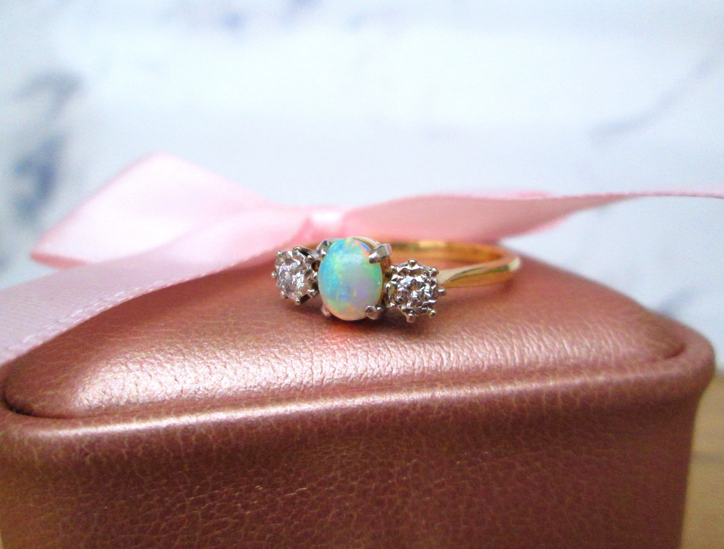 18ct Yellow Gold & Platinum Opal & Diamond Trilogy Ring