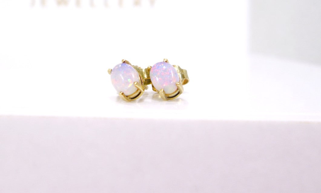 14ct Yellow Gold Oval Cabochon Opal Stud Earrings 18ct Butterfly Backs