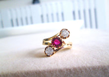 Load image into Gallery viewer, 14ct Yellow Gold Old Mine Cushion Cut Ruby &amp; Diamond Trilogy Ring
