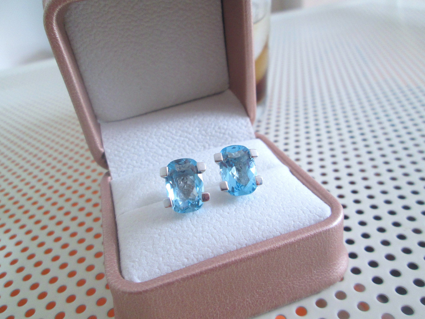 18ct White Gold Large Swiss Blue Topaz Stud Earrings Checkerboard Cushion Studs