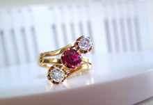 Load image into Gallery viewer, 14ct Yellow Gold Old Mine Cut Ruby &amp; Diamond Trilogy Ring
