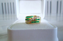 Load image into Gallery viewer, 1980s 18ct Yellow gold Emerald &amp; Diamond Channel Set Chunky Ring
