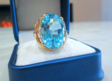 Load image into Gallery viewer, 14ct Yellow Gold Heavy Large Oval Cut Blue Topaz &amp; Diamond Solitaire Ring
