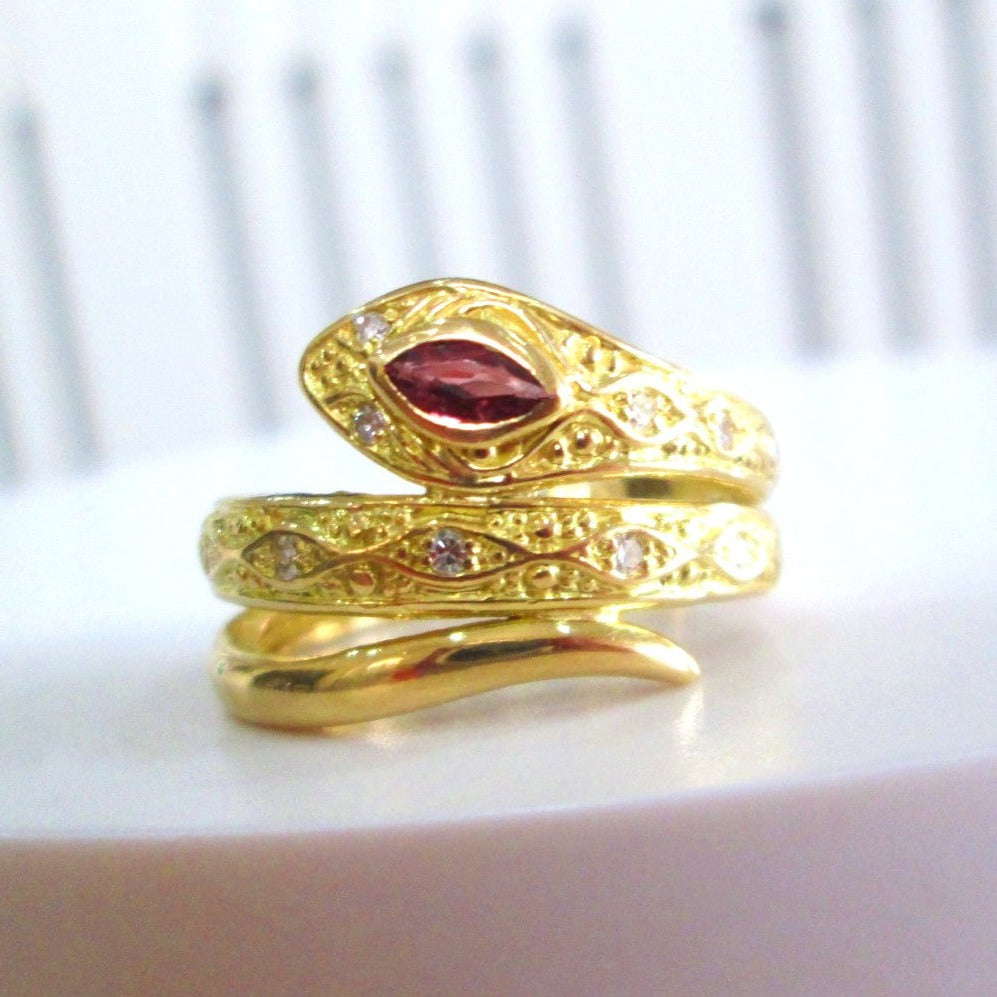 18ct Yellow Gold Marquise Cut Ruby & Diamond Serpent Snake Ring