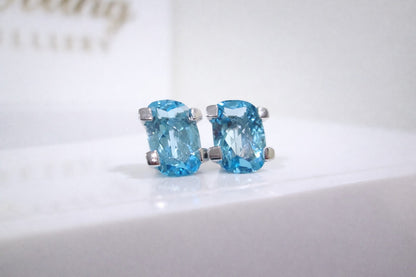 18ct White Gold Large Swiss Blue Topaz Stud Earrings Checkerboard Cushion Studs