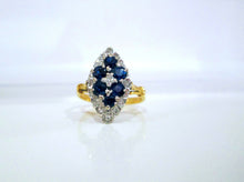 Load image into Gallery viewer, 1970s 18ct Yellow Gold Sapphire &amp; Diamond Cluster Navette Ring
