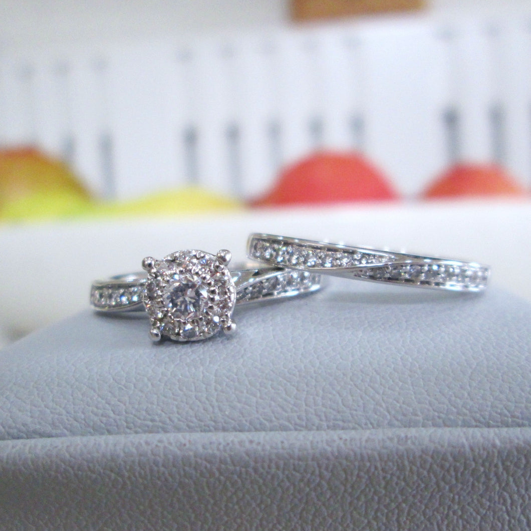 9ct White Gold Diamond Cluster Eternity Engagement Wedding Ring Set