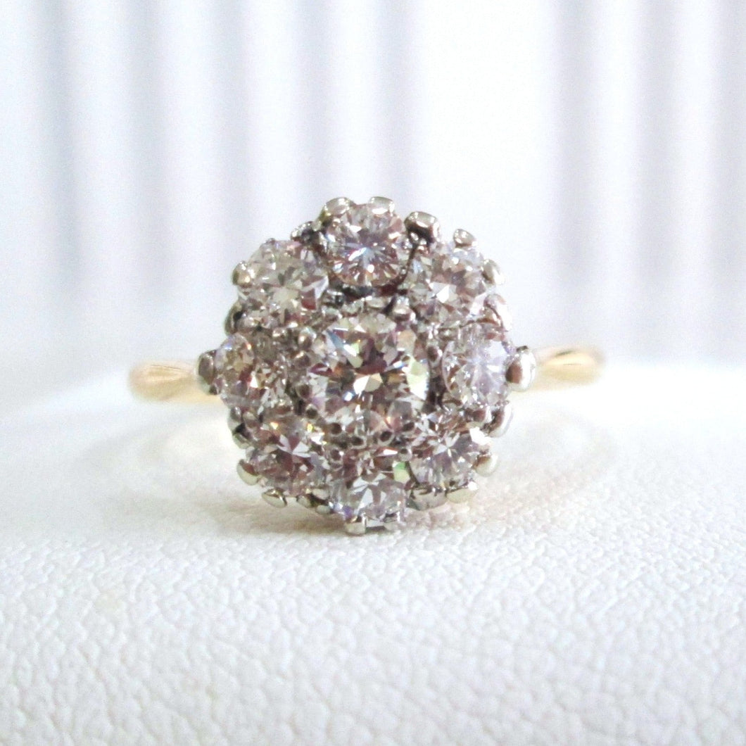 18ct Yellow Gold & Platinum .85ct Old Cut Diamond Daisy Cluster Ring