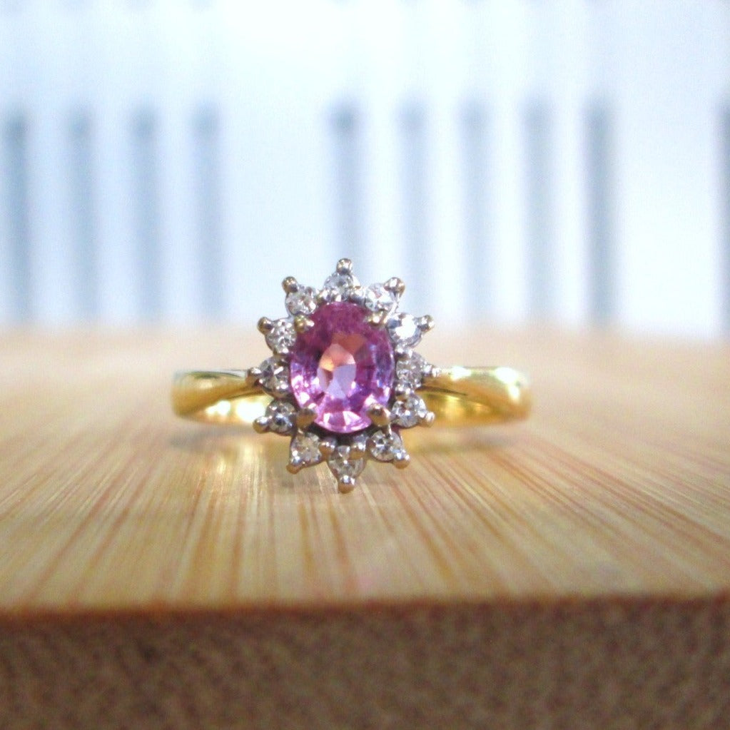 18ct Yellow Gold Oval Cut Pink Sapphire & Diamond Cluster Halo Ring