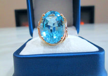 Load image into Gallery viewer, 14ct Yellow Gold Heavy Large Oval Cut Blue Topaz &amp; Diamond Solitaire Ring
