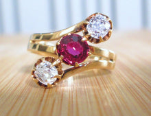 Load image into Gallery viewer, 14ct Yellow Gold Old Mine Cut Ruby &amp; Diamond Trilogy Ring
