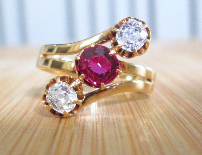 14ct Yellow Gold Old Mine Cut Ruby & Diamond Trilogy Ring