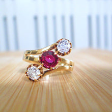 Load image into Gallery viewer, 14ct Yellow Gold Old Mine Cushion Cut Ruby &amp; Diamond Trilogy Ring
