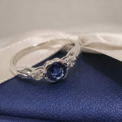 9ct White Gold 3 Stone Bezel Set Blue Sapphire & Diamond Trilogy Ring