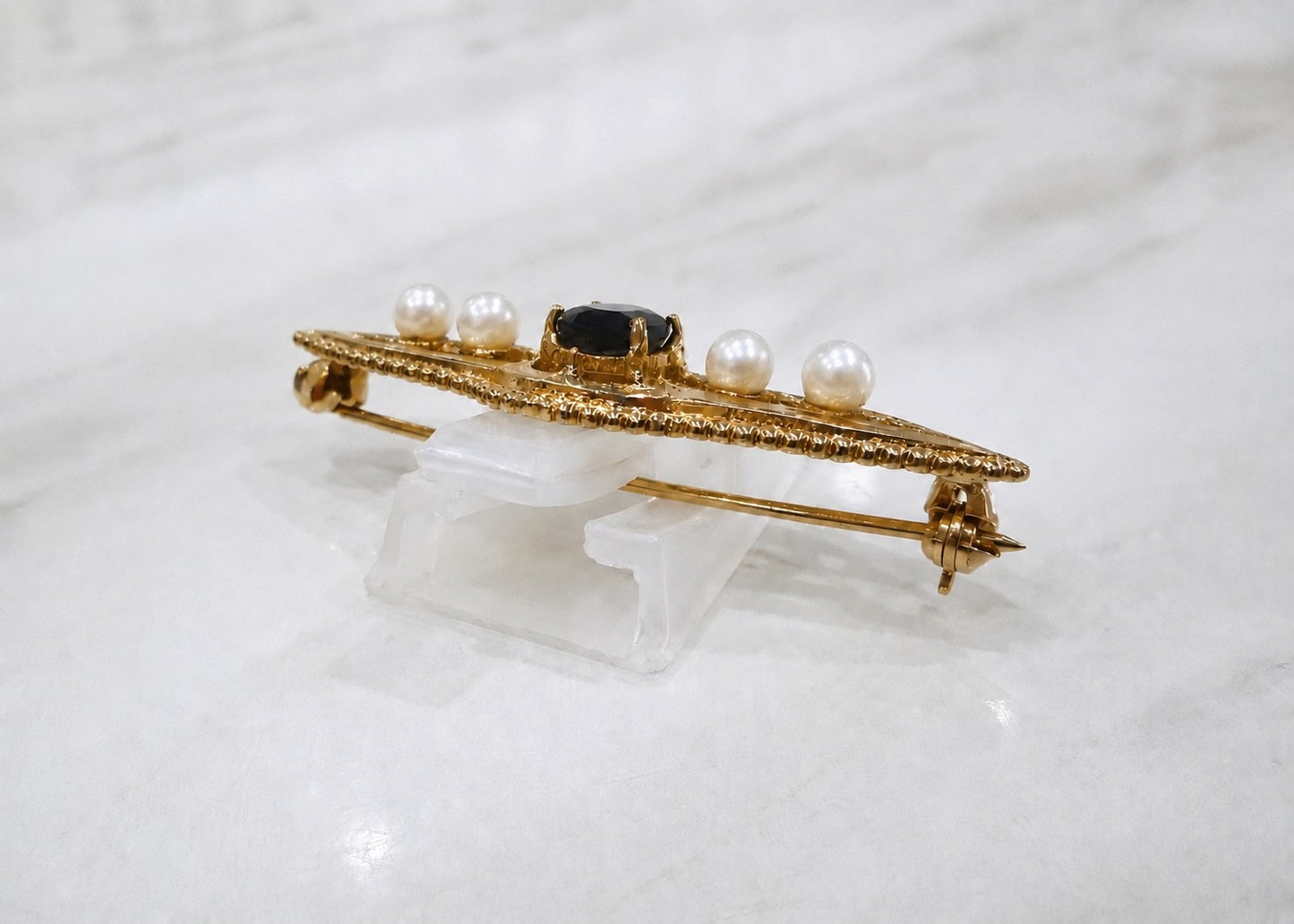 Edwardian-Style 9ct Yellow Gold Sapphire & Pearl Bar Pin Brooch