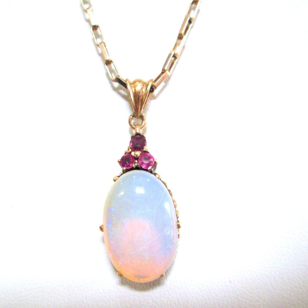 9ct Yellow Gold Opal & Ruby Pendant Lariat Chain Necklace