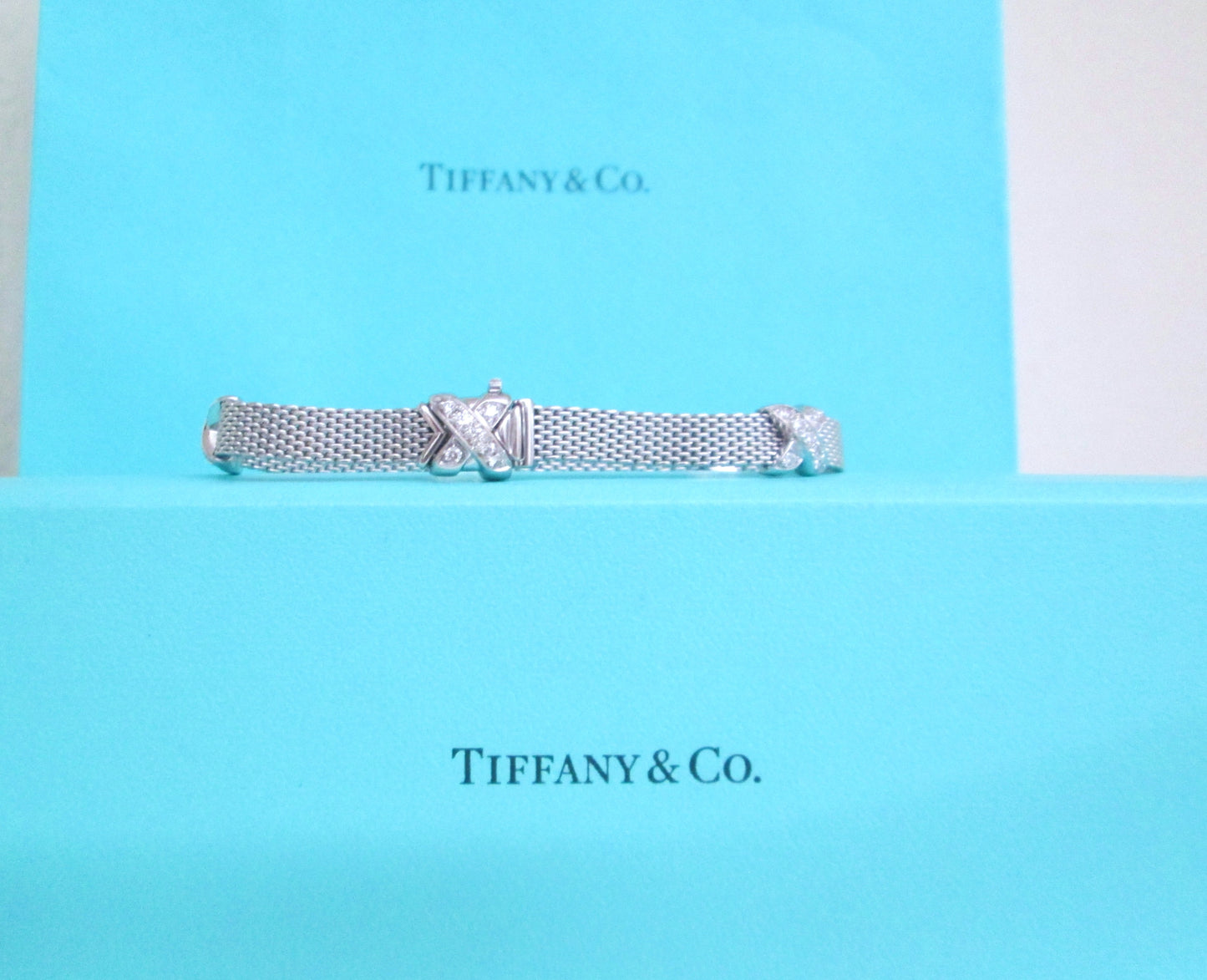 18ct White Gold Rare Designer Diamond Cross Mesh Bracelet