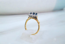 Load image into Gallery viewer, 1970s 18ct Yellow Gold Sapphire &amp; Diamond Cluster Navette Ring
