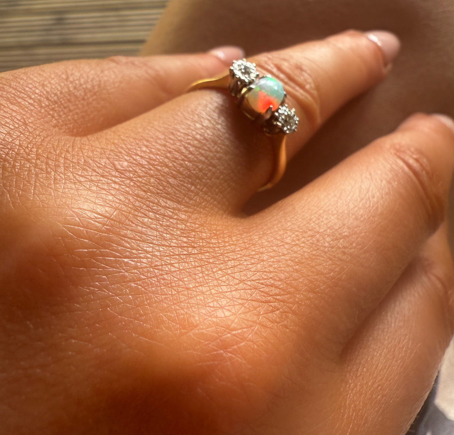 18ct Yellow Gold & Platinum Opal & Diamond Trilogy Ring