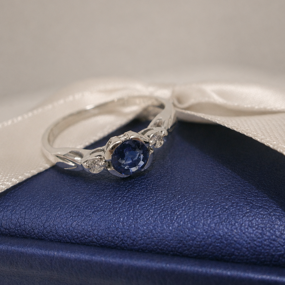 9ct White Gold 3 Stone Bezel Set Blue Sapphire & Diamond Trilogy Ring
