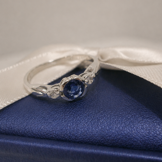 9ct White Gold 3 Stone Bezel Set Blue Sapphire & Diamond Trilogy Ring