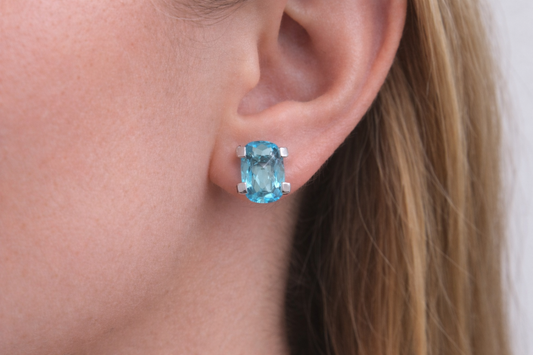 18ct White Gold Large Swiss Blue Topaz Stud Earrings Checkerboard Cushion Studs