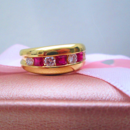 18ct Yellow Gold Ruby & Diamond Channel Set Chunky Half Eternity Ring
