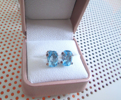 18ct White Gold Large Swiss Blue Topaz Stud Earrings Checkerboard Cushion Studs
