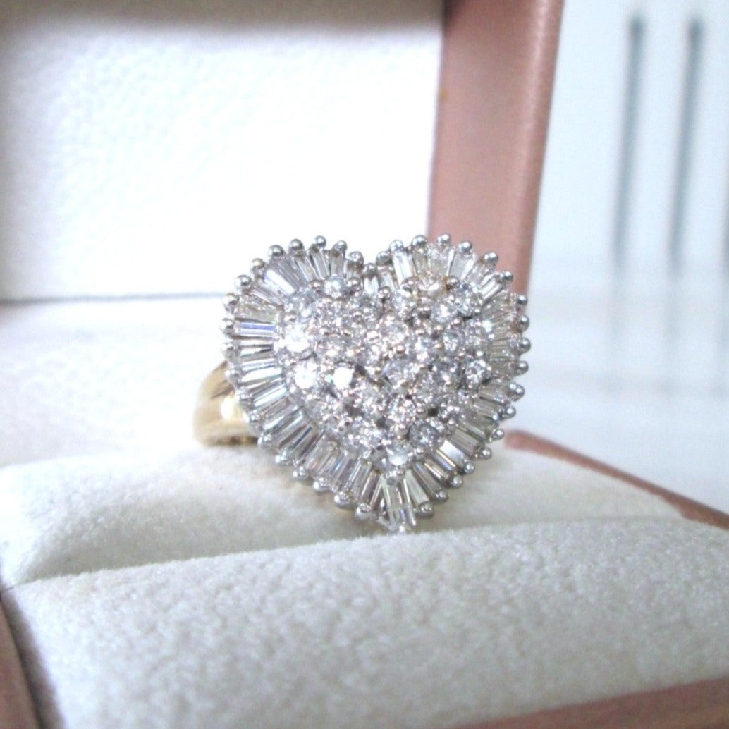 18ct Yellow Gold 2.00ct Round Brilliant Baguette Cut Diamond Cluster Heart Ring