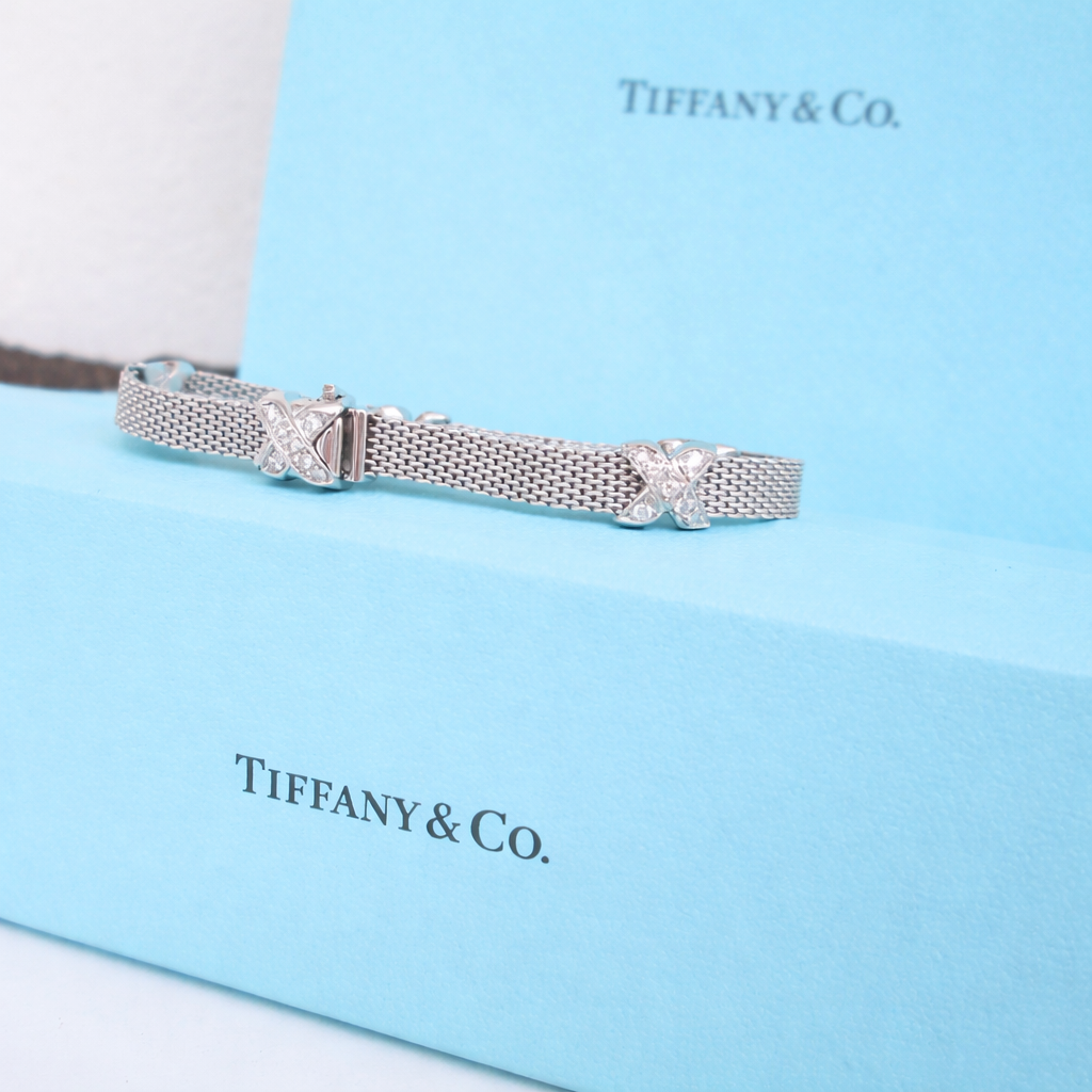 18ct White Gold Rare Designer Diamond Cross Mesh Bracelet